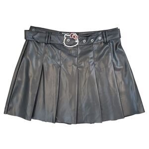 Hello Kitty Forever21 Faux Leather Pleated Mini Skirt Black Embellished Belt M